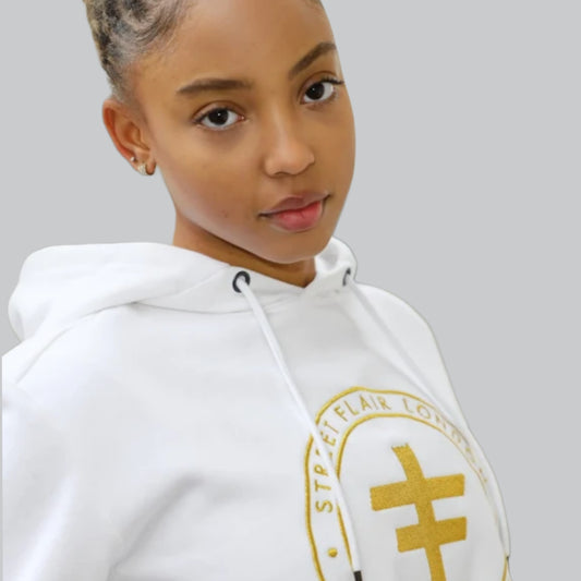 White Oversized Hoodie With Gold Metallic Embroidery