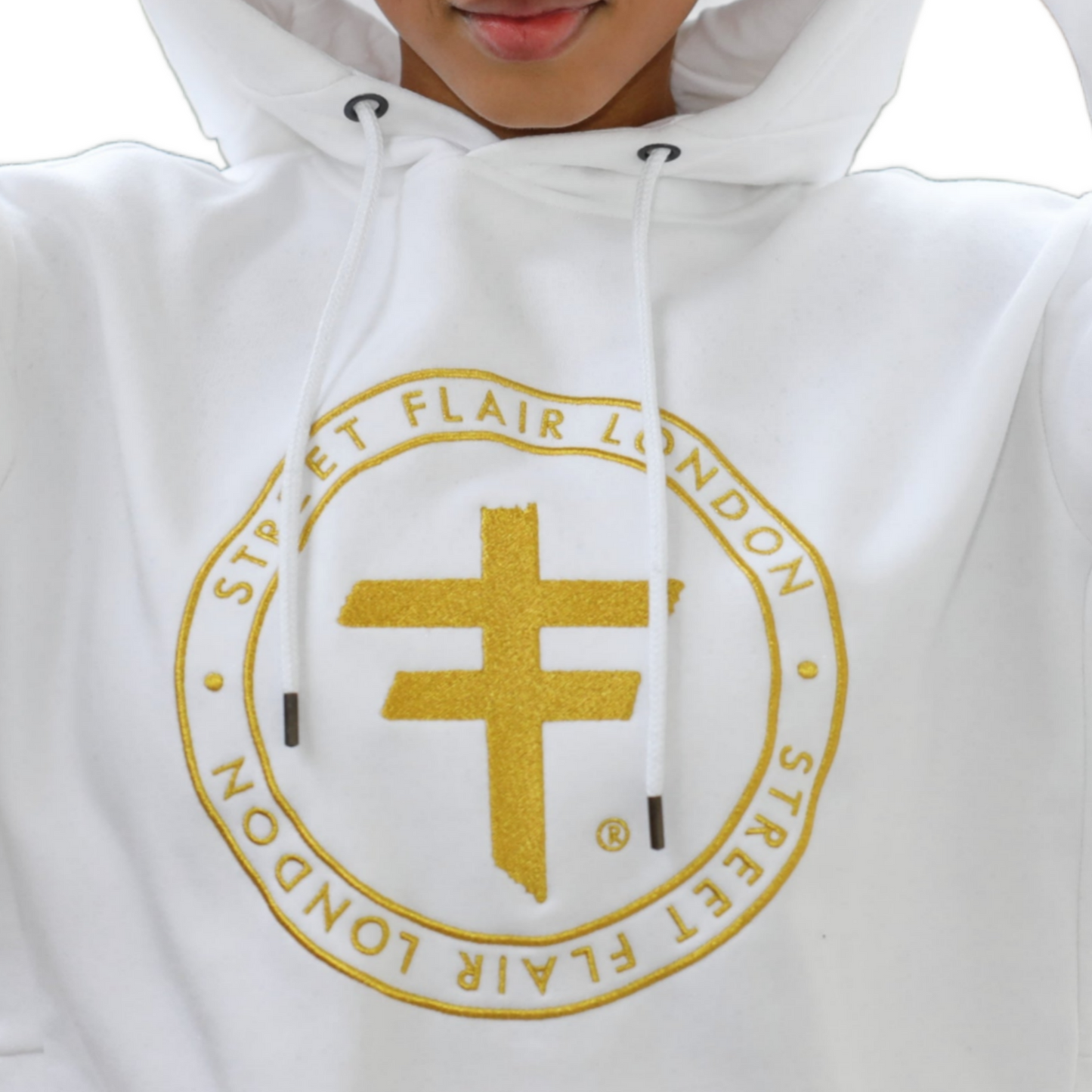 White Oversized Hoodie With Gold Metallic Embroidery