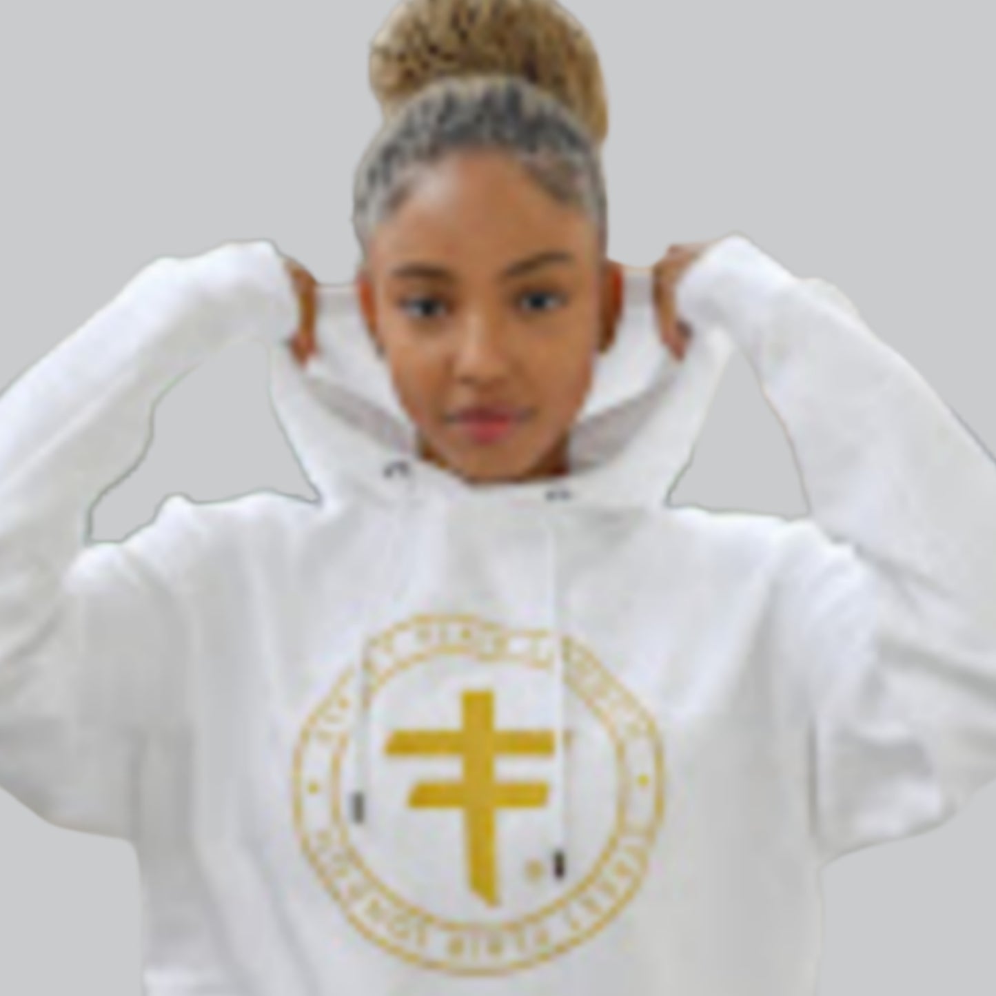 White Oversized Hoodie With Gold Metallic Embroidery