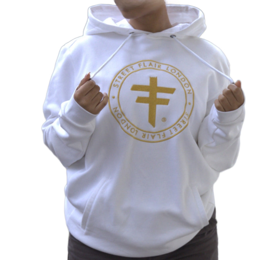 White Hoodie With Gold Metallic Embroidery