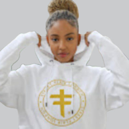 Sweat à capuche blanc avec broderie métallisée dorée