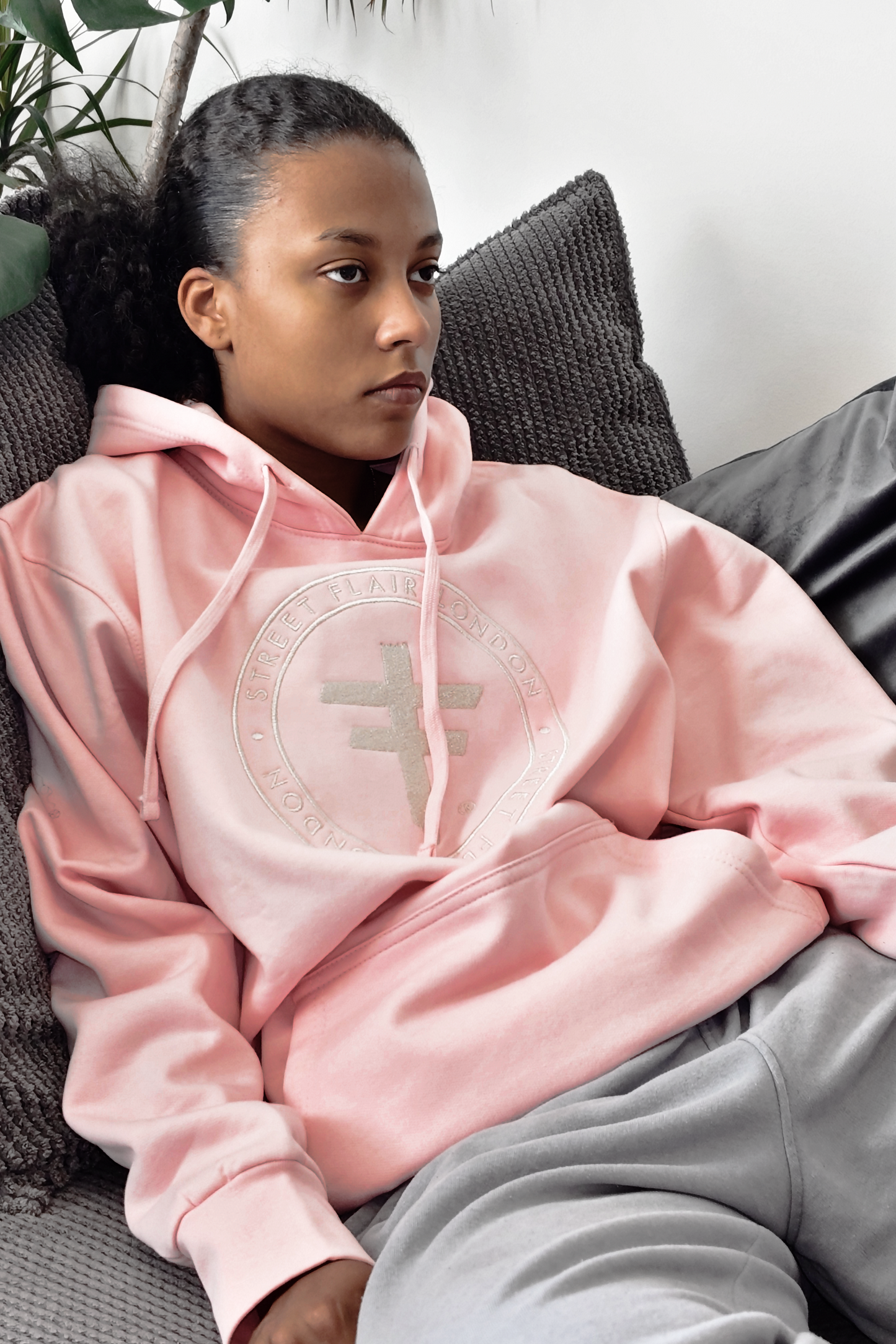 PINK HOODIE WITH SILVER FULL FRONT EMBROIDERY