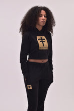 Load image into Gallery viewer, UNDIVIDED Black Crop Top Tracksuit With Gold Carbon Fibre Print (Ladies)
