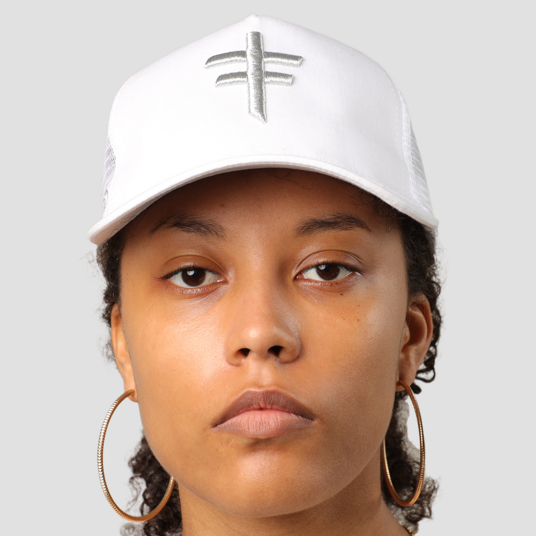 White Mesh Snapback With Silver Metallic Embroidery